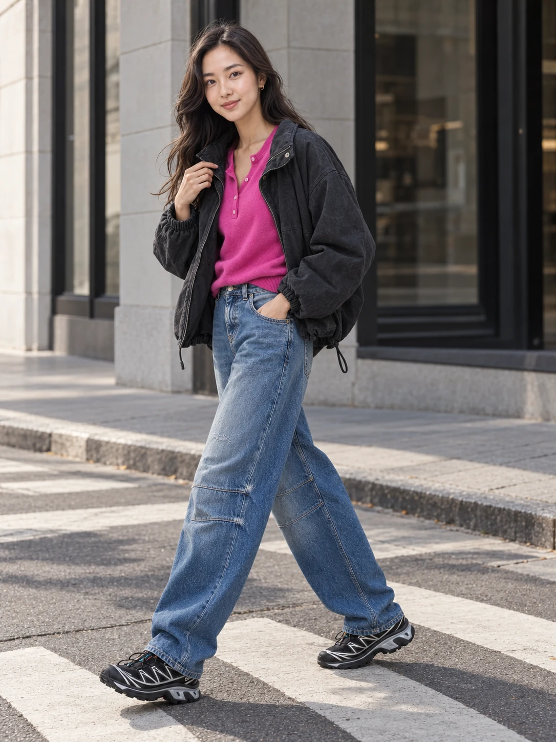 Hana in a roomy black funnel-neck jacket, vivid cool-magenta Henley, blue barrel jeans and black-and-silver technical sneakers on a modern city street
