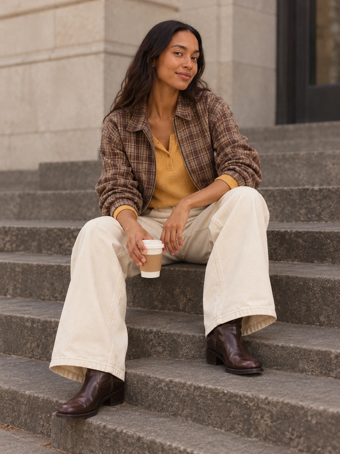 Maya seated on broad stone steps in a brown plaid bomber, golden mustard Henley, cream wide-leg jeans and brown low-heeled boots