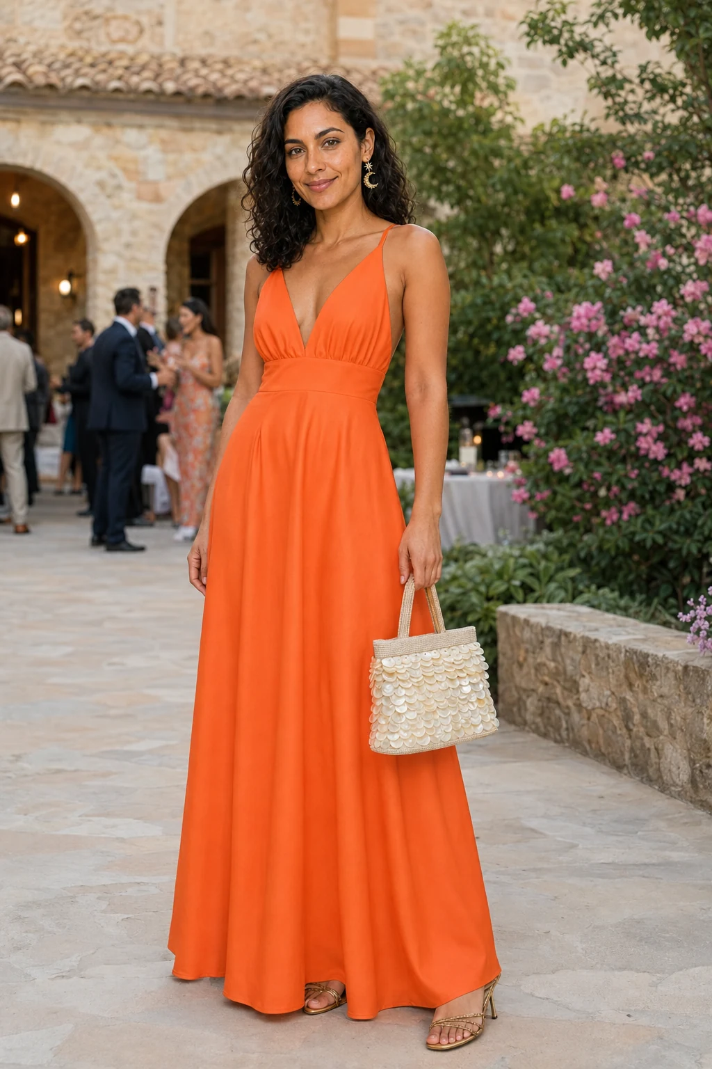 Leila, an AI-generated adult model, wearing KAOA Princess Maxi Dress in Orange with coordinated wedding guest accessories