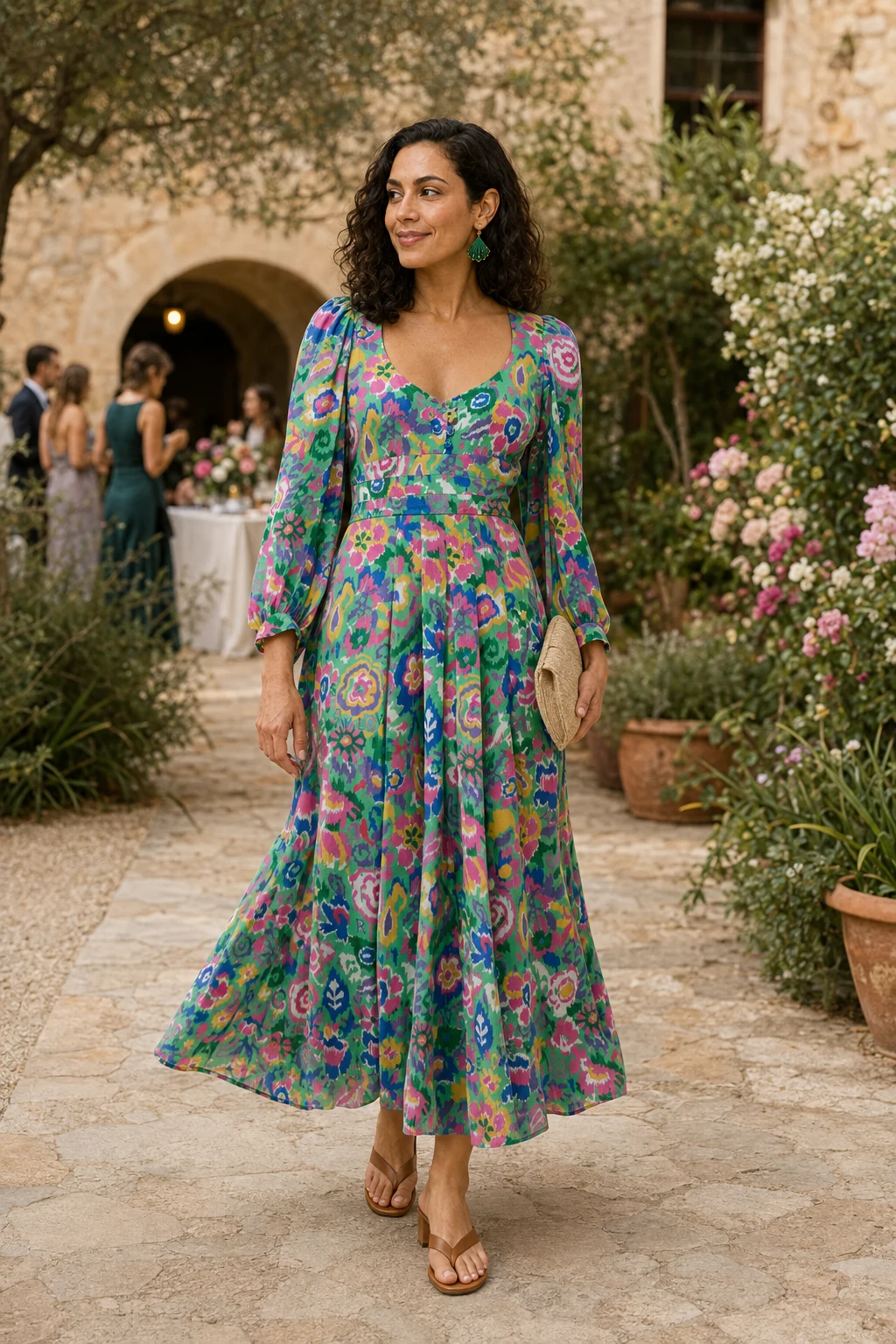 Leila, an AI-generated adult model, wearing RIXO Alfie Dress in Ikat Bloom Green with coordinated wedding guest accessories
