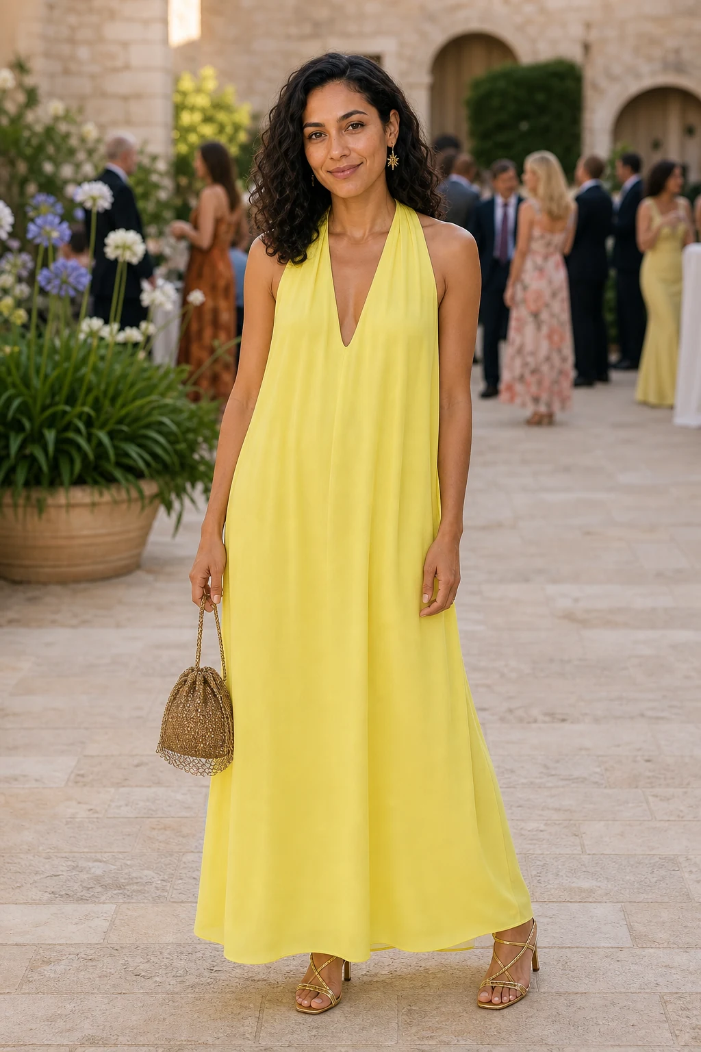 Leila, an AI-generated adult model, wearing KAOA Lumiere Halter Maxi Dress in Luminous yellow with coordinated wedding guest accessories