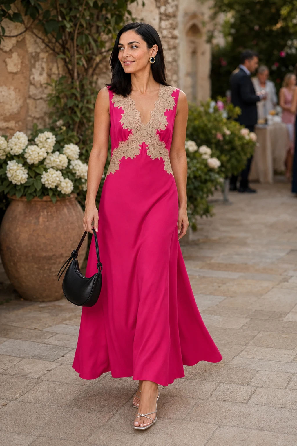 Vera, an AI-generated adult model, wearing RIXO Lysandra in Cerise with coordinated wedding guest accessories