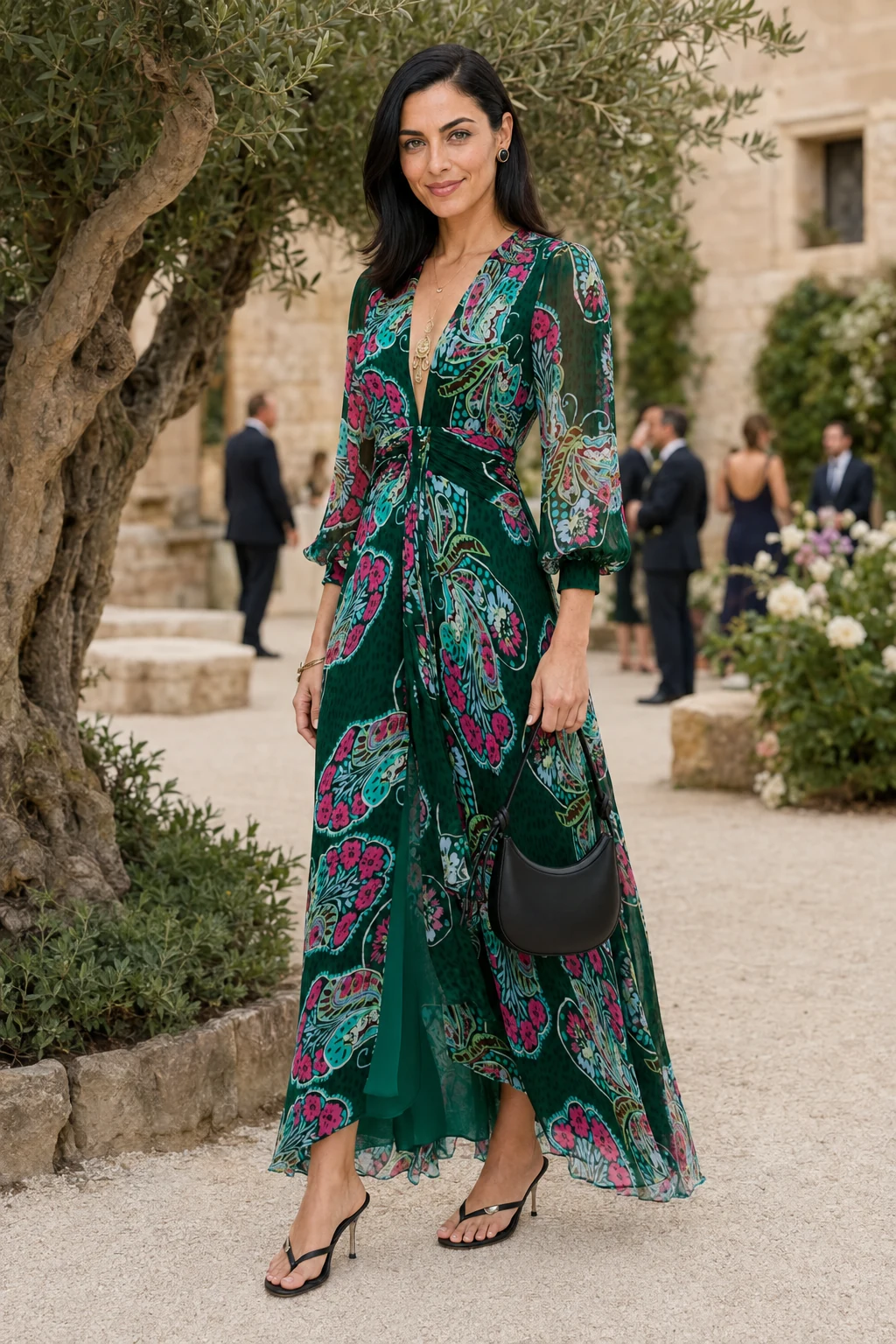 Vera, an AI-generated adult model, wearing RIXO Meera in Butterfly Bloom Green with coordinated wedding guest accessories