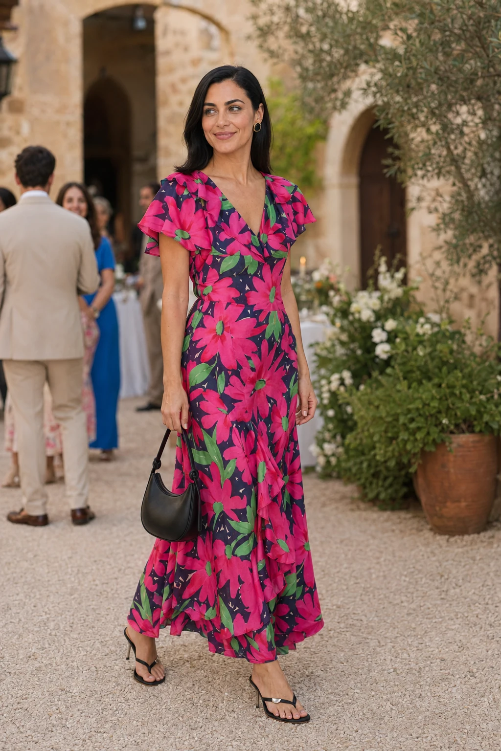 Vera, an AI-generated adult model, wearing RIXO Meadow in Danish Floral Pink with coordinated wedding guest accessories