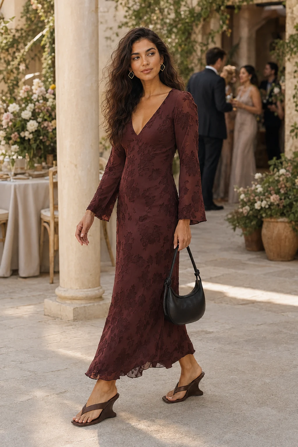 Lana, an AI-generated adult model, wearing RIXO Noraya in Bouquet Devore Brown with coordinated wedding guest accessories