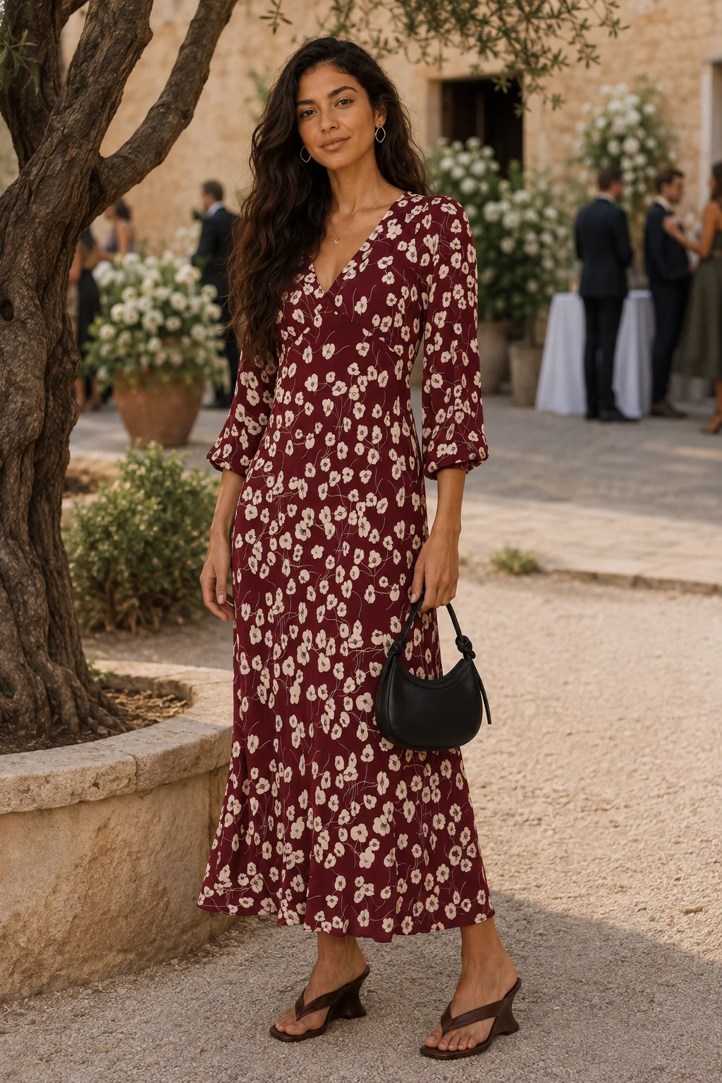 Lana, an AI-generated adult model, wearing RIXO Mavis in Autumn Cherry Maroon with coordinated wedding guest accessories