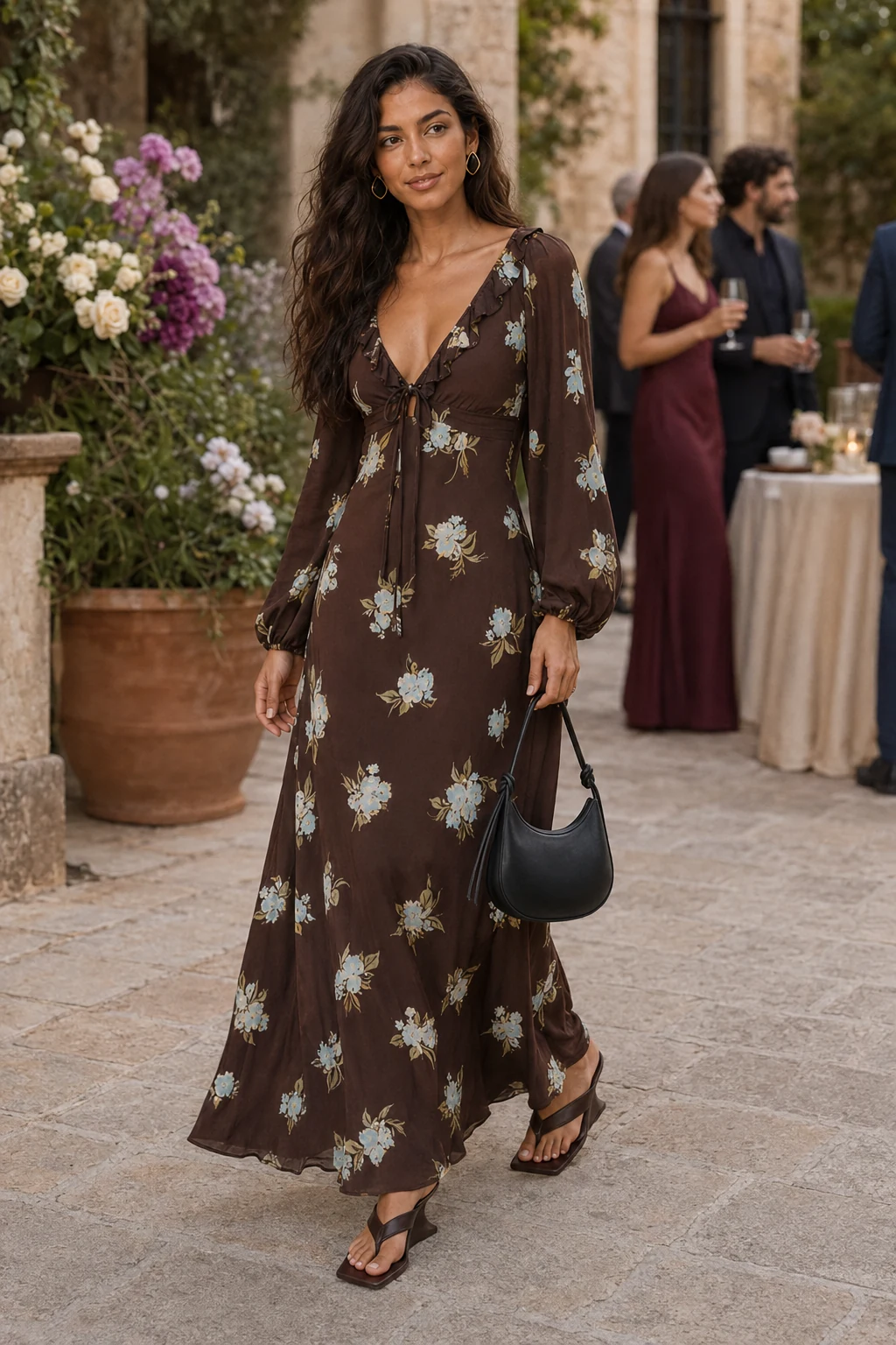 Lana, an AI-generated adult model, wearing RIXO Lianne in Peonies Brown with coordinated wedding guest accessories