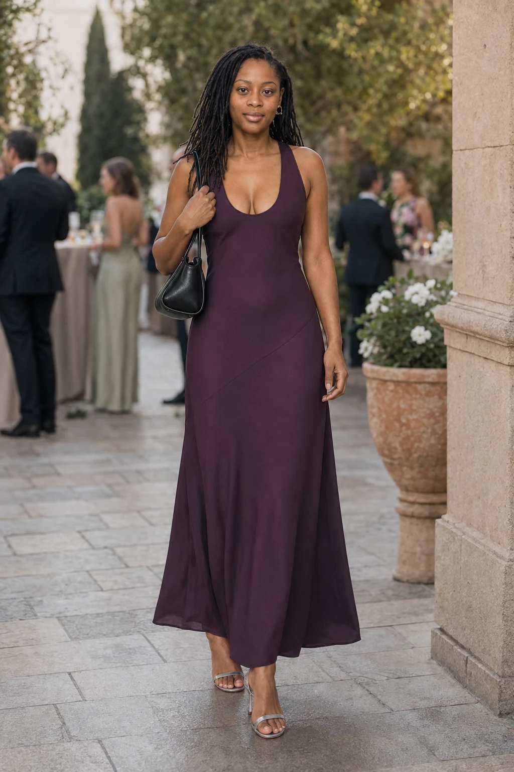 Noelle, an AI-generated adult model, wearing Shona Joy Savanna Racer Back Maxi Dress in Plum with coordinated wedding guest accessories