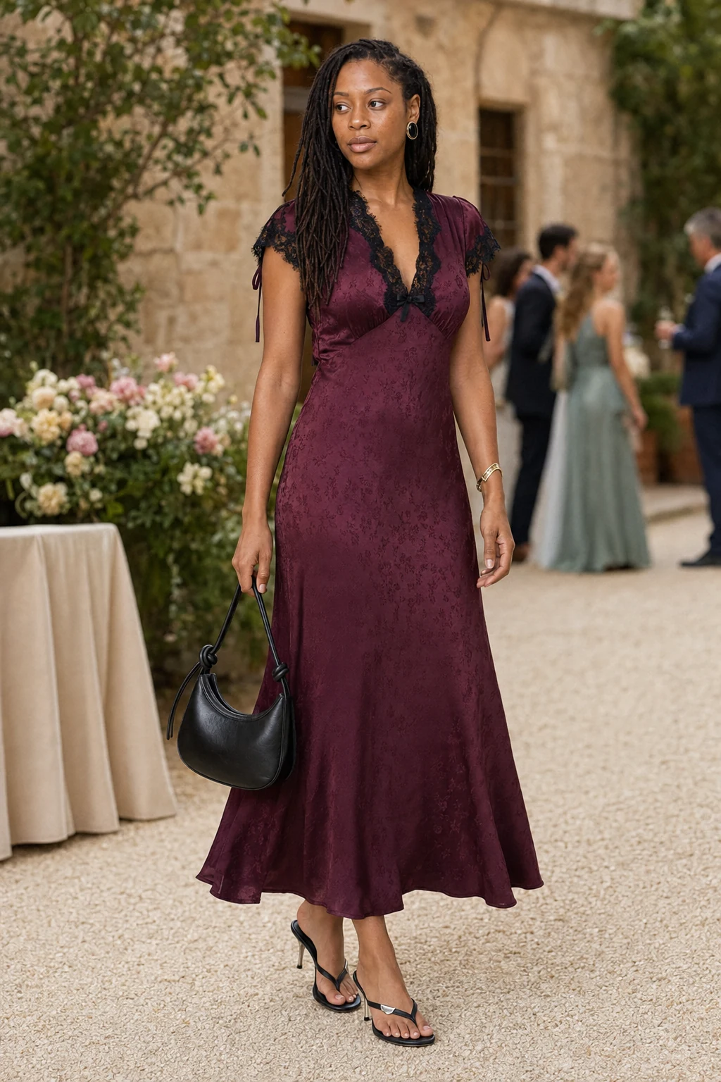 Noelle, an AI-generated adult model, wearing RIXO Fern in Floral Trail Wine with coordinated wedding guest accessories