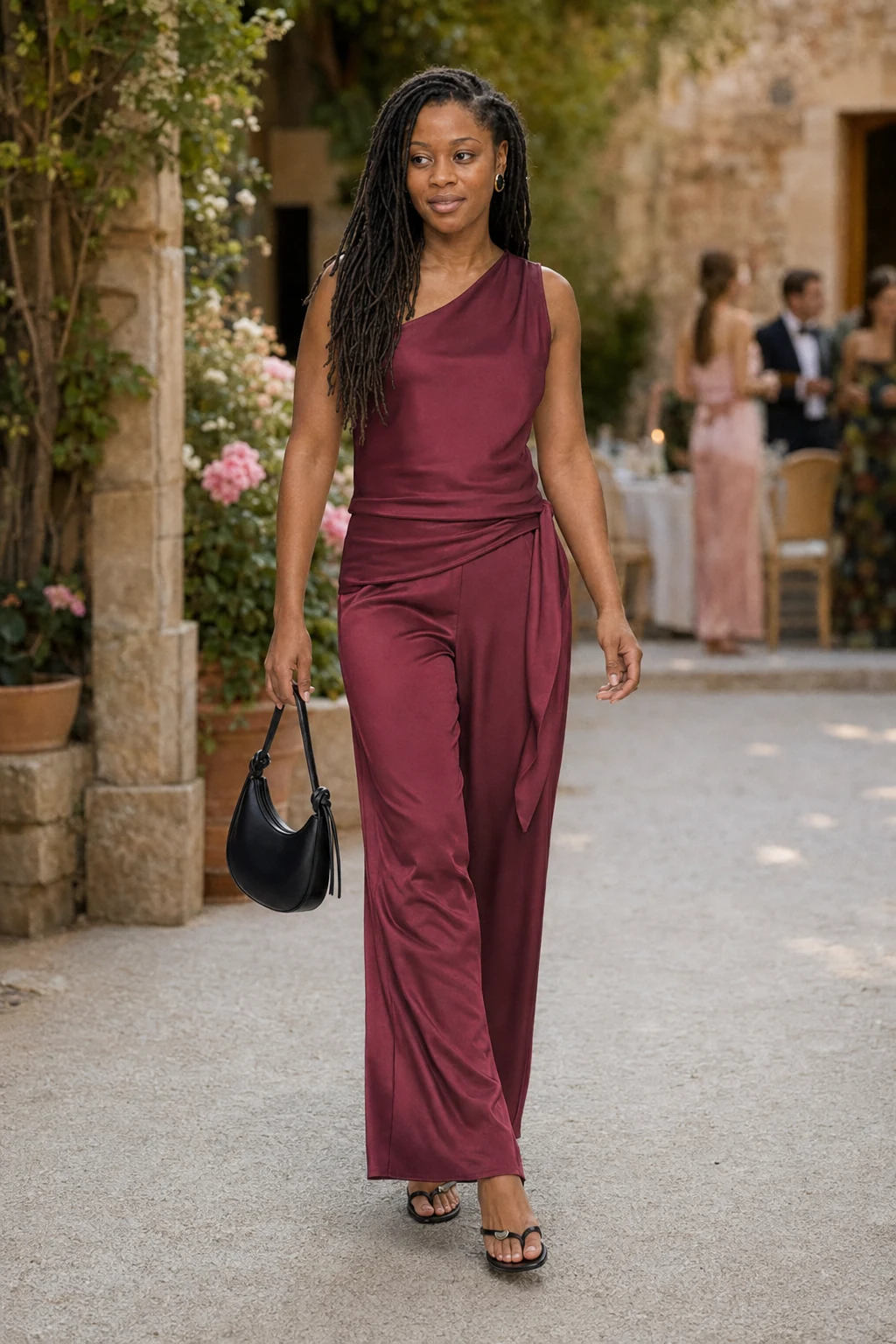 Noelle, an AI-generated adult model, wearing Reformation Sonnet Satin Two Piece in Romance with coordinated wedding guest accessories