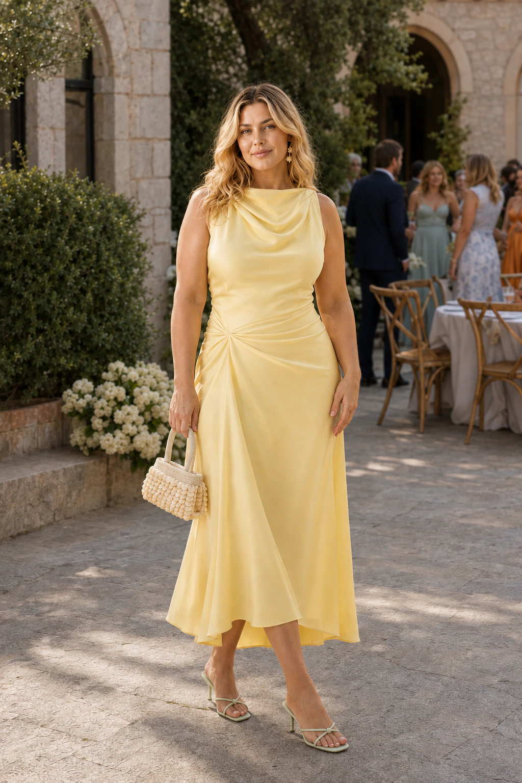 Emma, an AI-generated adult model, wearing KAOA Draped Midi Dress in Light yellow with coordinated wedding guest accessories