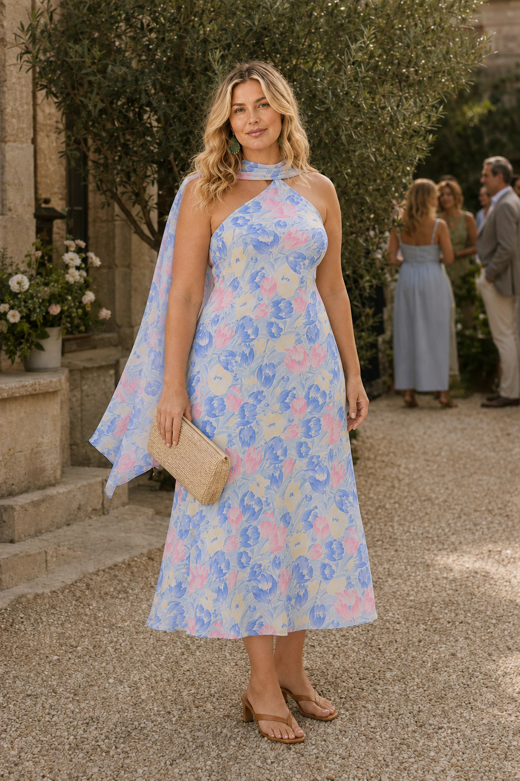 Emma, an AI-generated adult model, wearing RIXO Hayley Dress in Tulip Fields Blue with coordinated wedding guest accessories