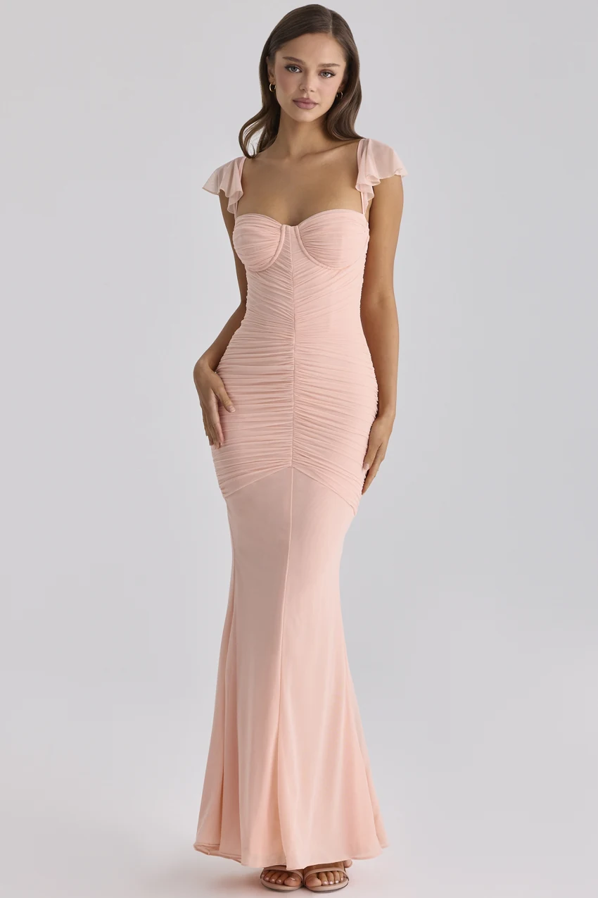 House of CB Antonella Mesh Silhouette Maxi Dress in Peach: official retailer product photograph