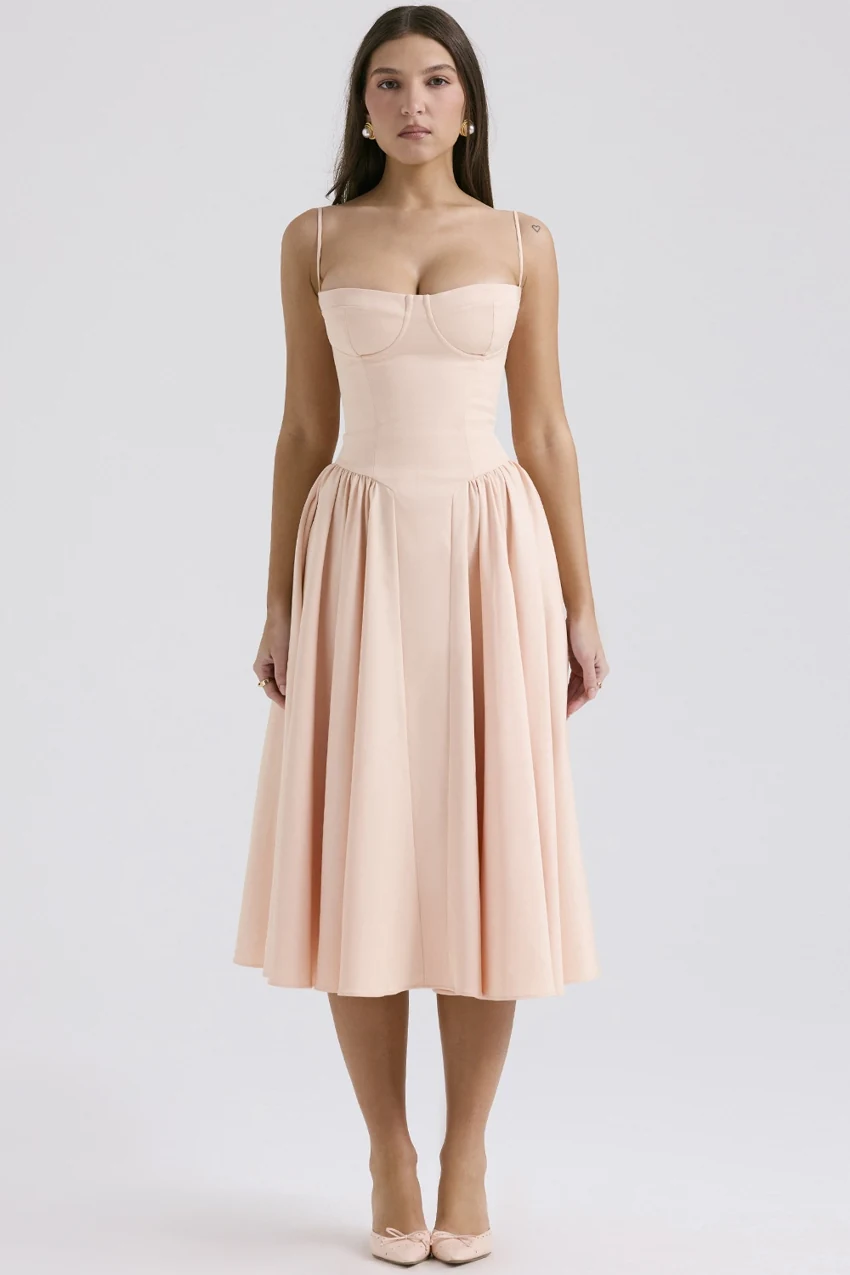 House of CB Samaria Twill Corset Midi Dress in Peach Parfait: official retailer product photograph