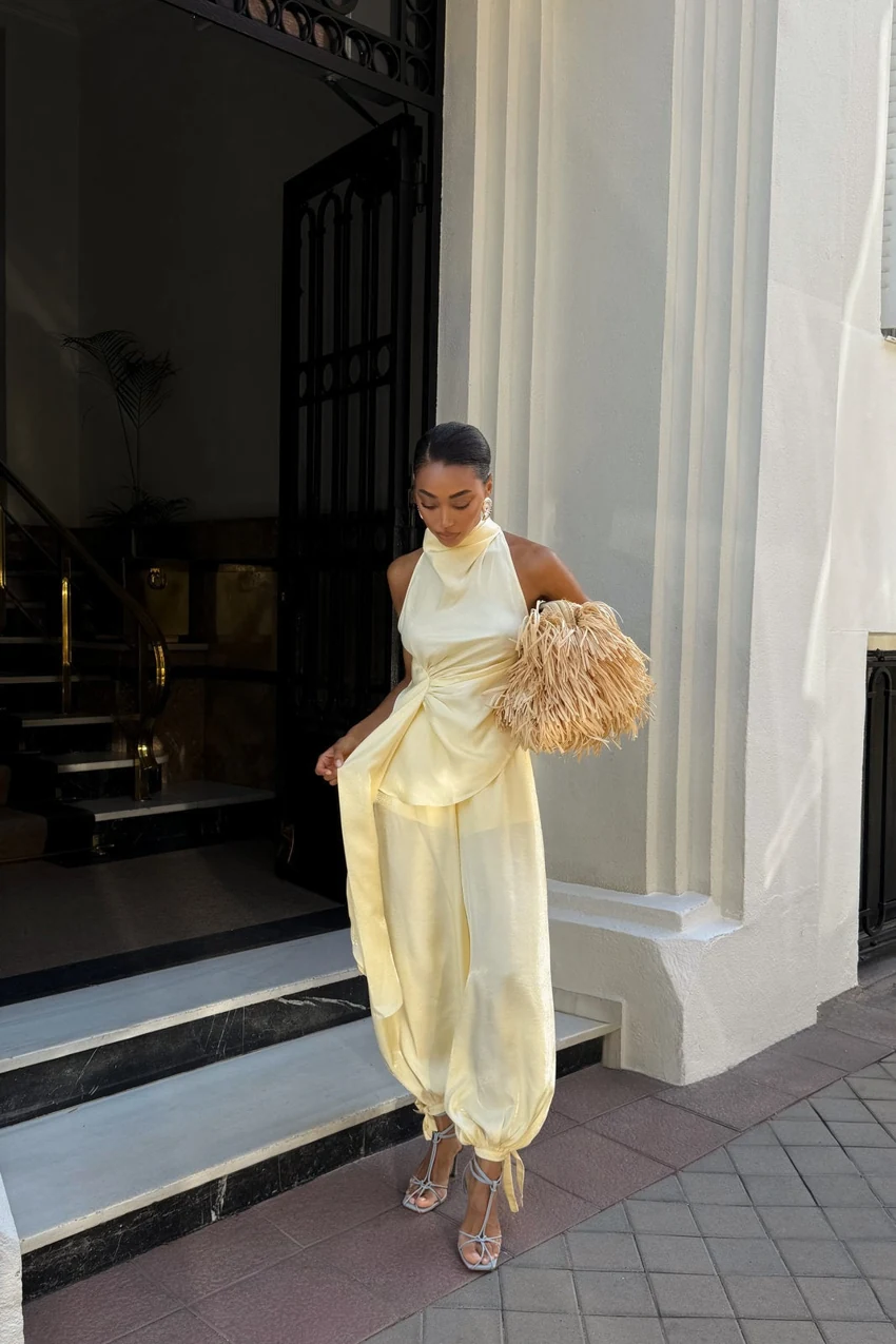 KAOA Satin Palazzo Trousers in Butter Yellow: official retailer product photograph