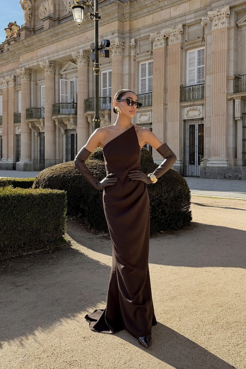 KAOA Brown Asymmetric Maxi Dress in Brown: official retailer product photograph