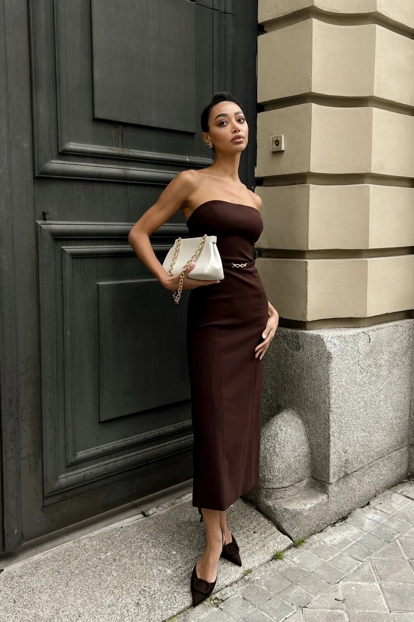KAOA Brown Strapless Midi Dress in Brown: official retailer product photograph