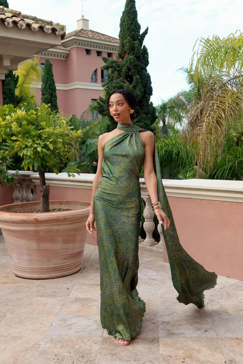 KAOA Printed Cape Maxi Dress in Green print: official retailer product photograph