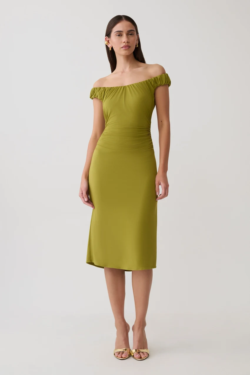 MESHKI Alize Cupro Knee Length Dress in Martini Olive: official retailer product photograph