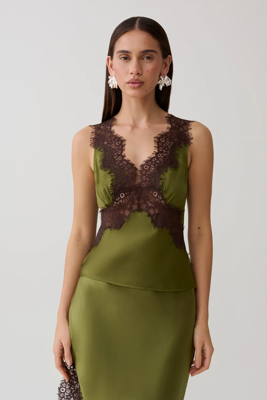 MESHKI Amber Satin And Lace Camisole in Olive: official retailer product photograph