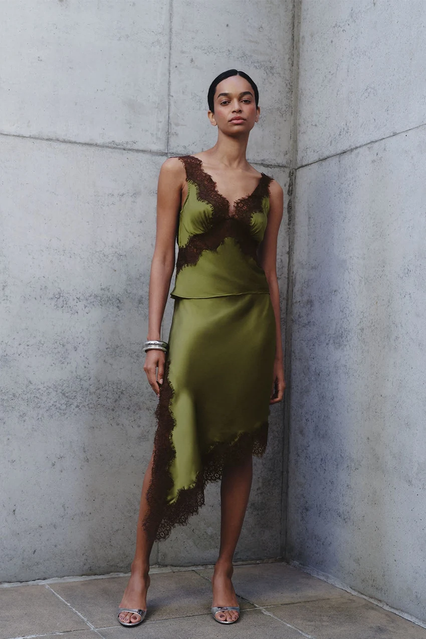 MESHKI Amber Satin And Lace Midi Skirt in Olive: official retailer product photograph