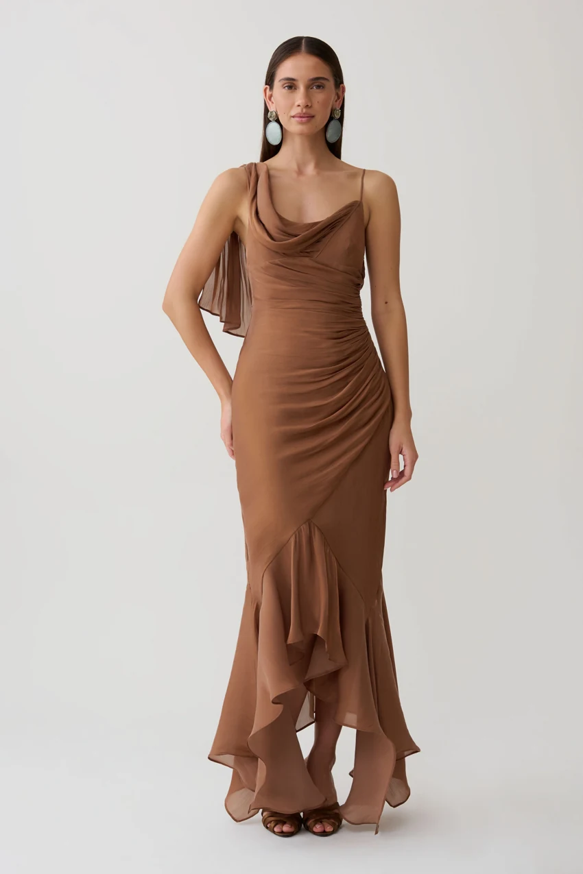 MESHKI Edith Draped Maxi Dress in Cognac: official retailer product photograph