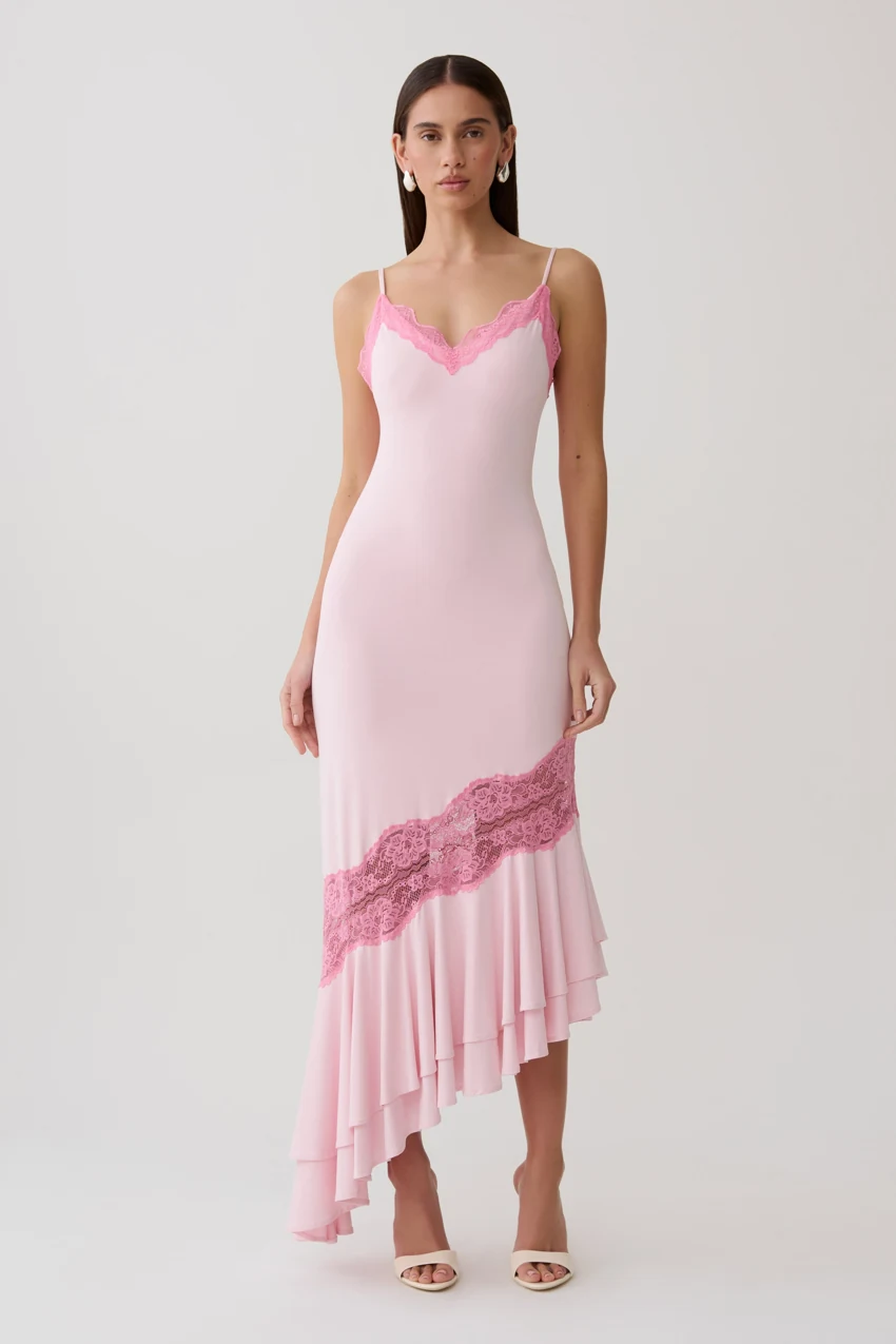 MESHKI Annis Frilled Hem Lace Midi Dress in Pink: official retailer product photograph