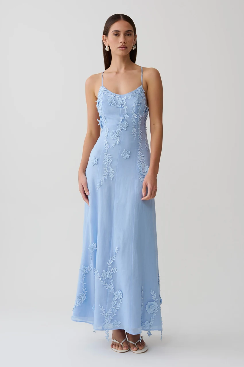 MESHKI Odette Floral Lace Midi Dress in Pale blue: official retailer product photograph
