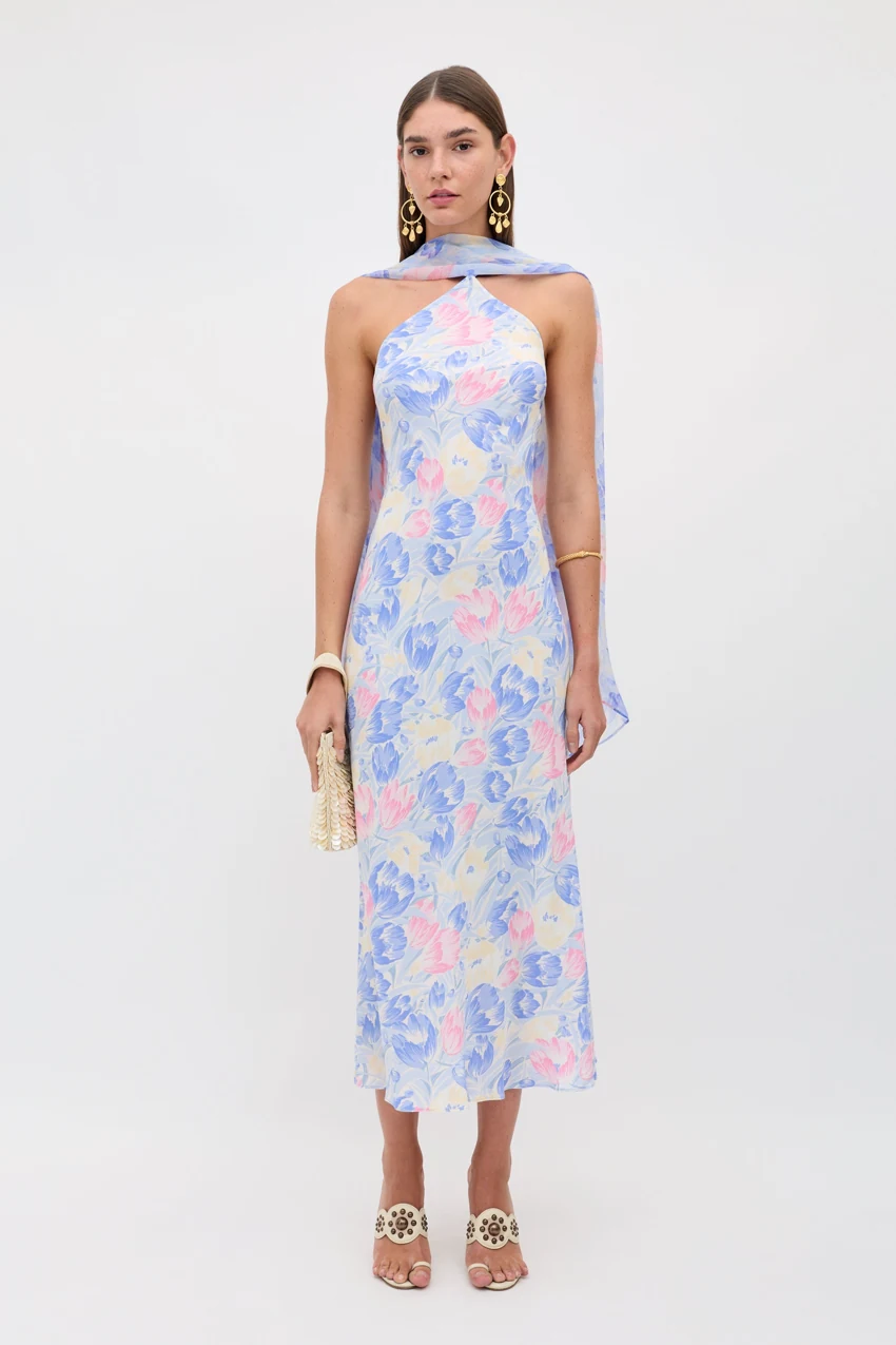 RIXO Hayley Dress in Tulip Fields Blue: official retailer product photograph