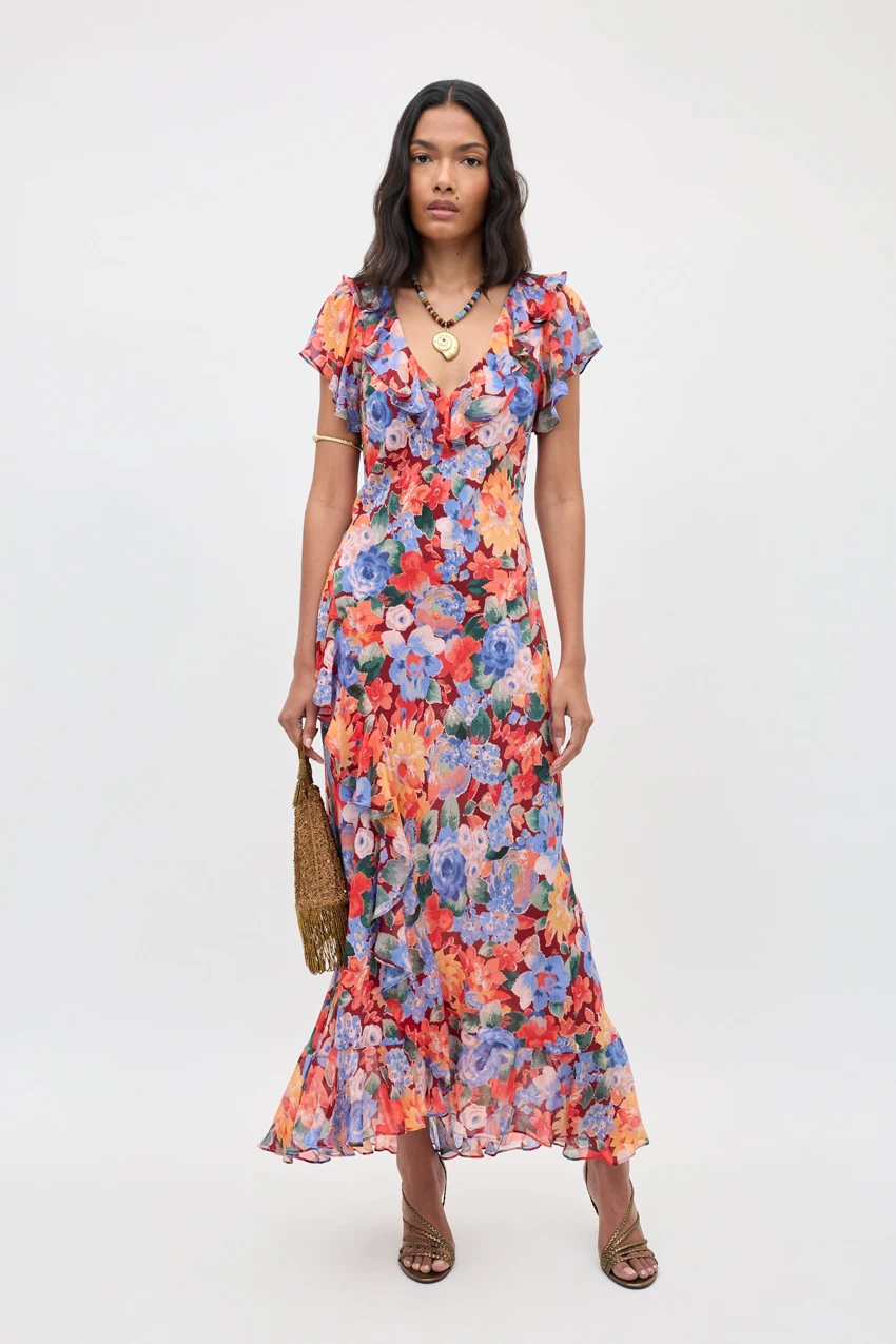 RIXO Meadow Dress in Chelsea Floral Red: official retailer product photograph