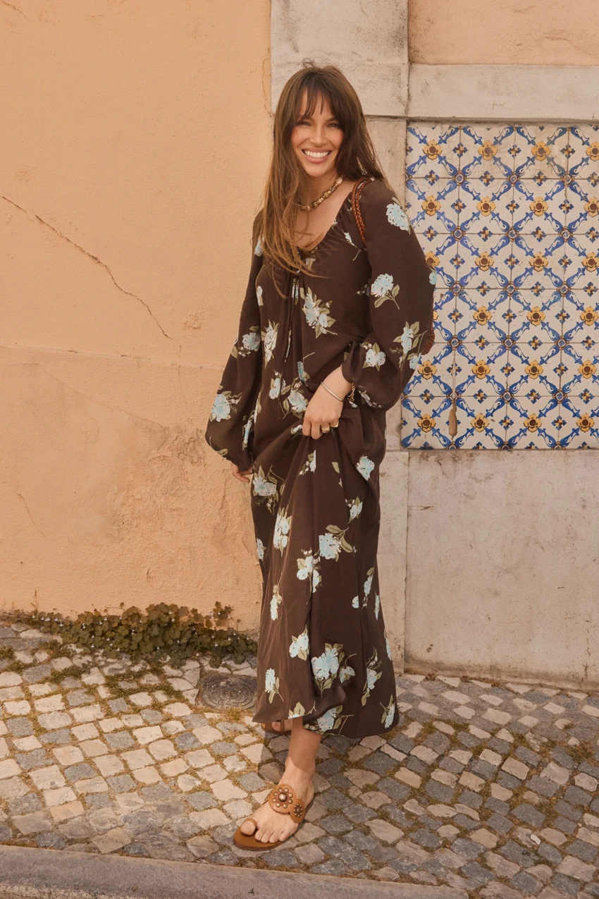 RIXO Lianne in Peonies Brown: official retailer product photograph