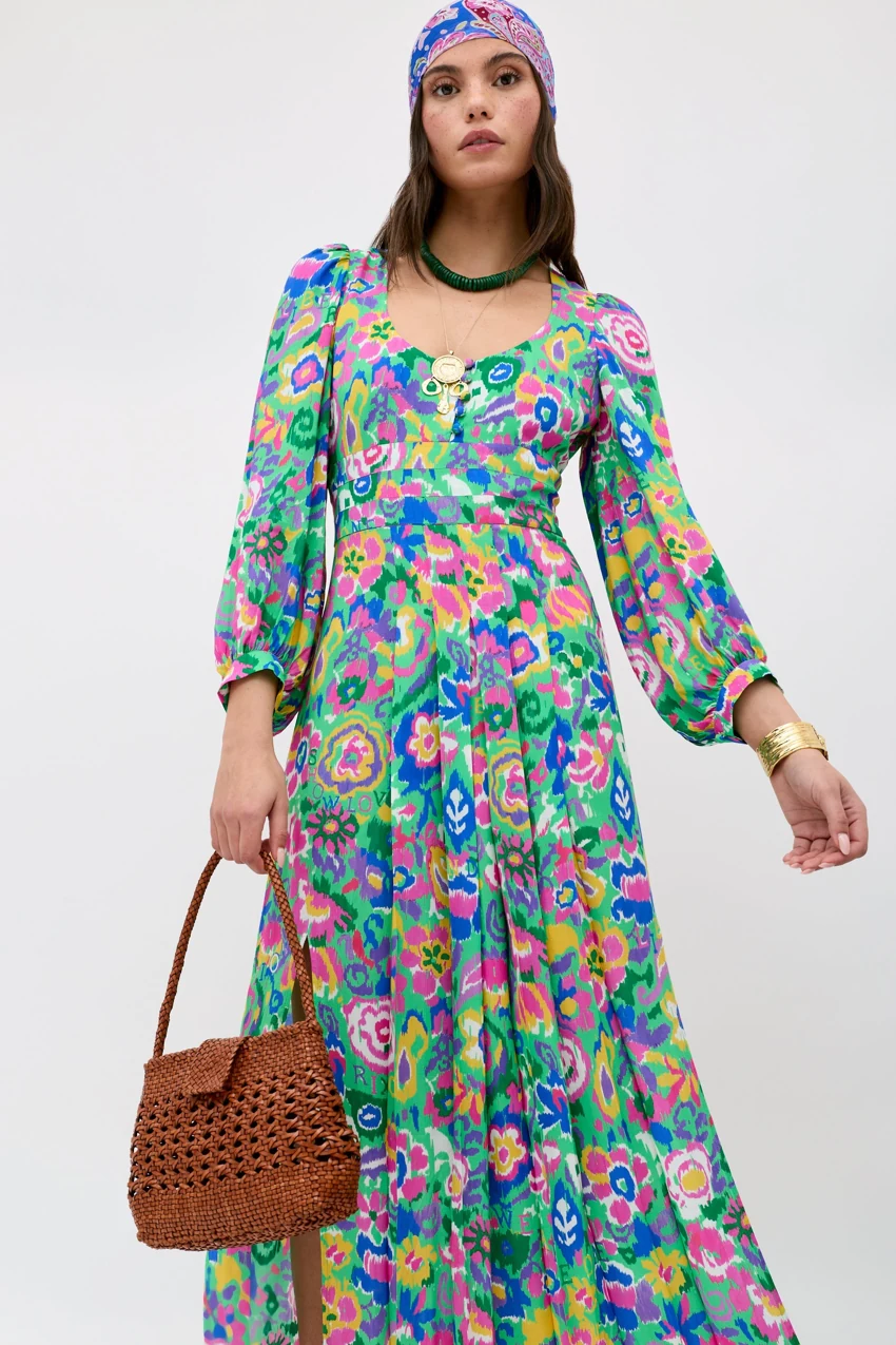 RIXO Alfie Dress in Ikat Bloom Green: official retailer product photograph
