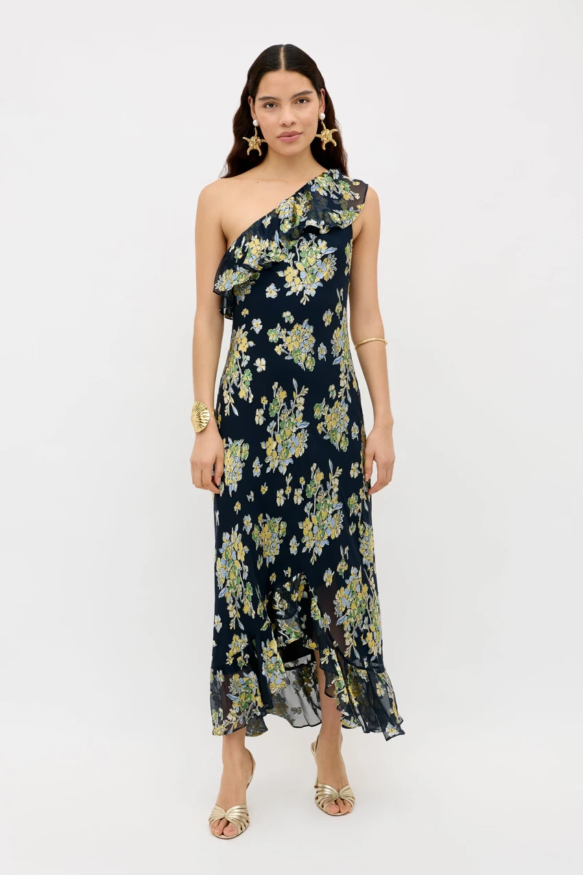 RIXO Leon in Bouquet Devore Navy: official retailer product photograph