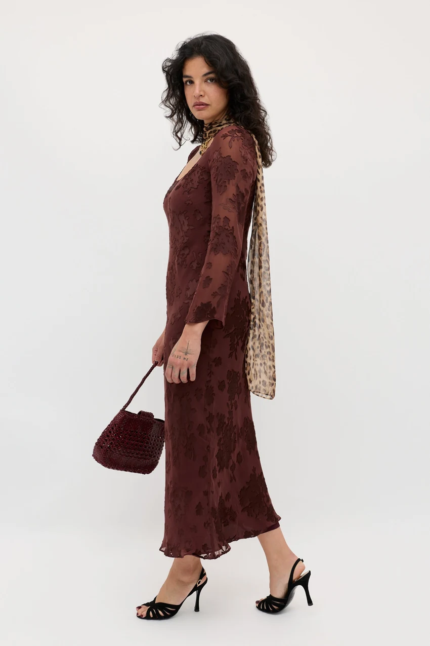 RIXO Noraya in Bouquet Devore Brown: official retailer product photograph
