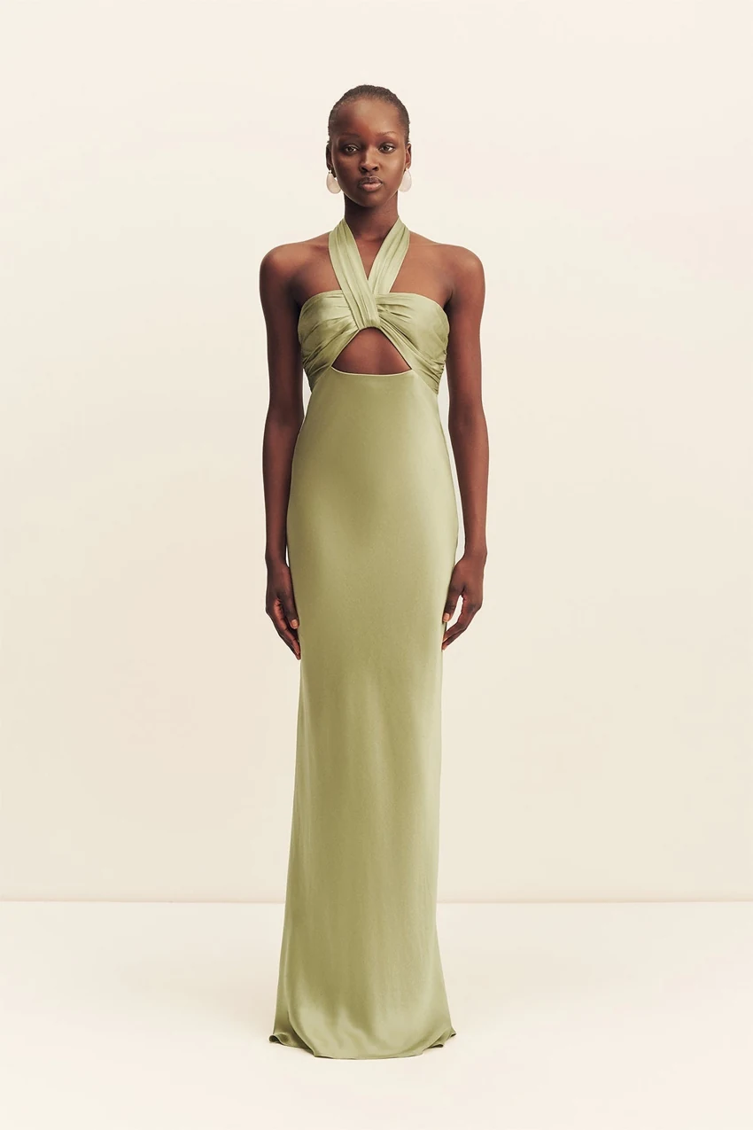 Shona Joy La Lune Ruched Halter Maxi Dress in Fern: official retailer product photograph