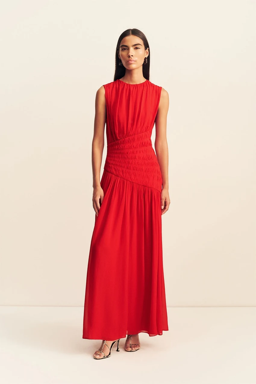 Shona Joy Amina Panelled Ruched Maxi Dress in Chilli: official retailer product photograph