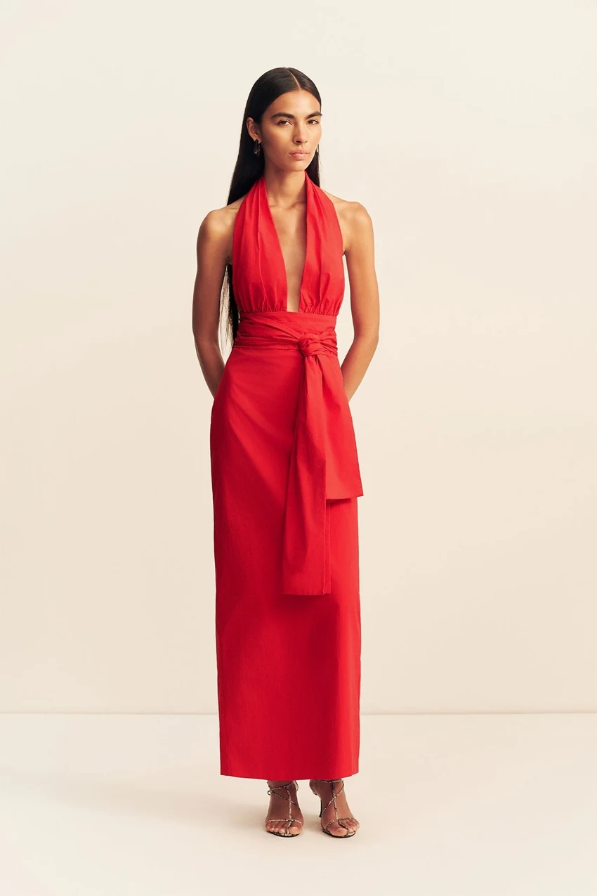 Shona Joy Campbell Halter Plunged Maxi Dress in Goji: official retailer product photograph