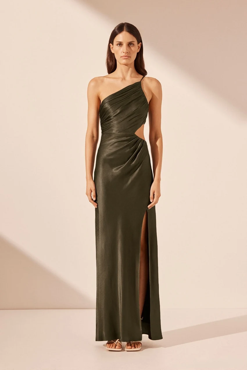 Shona Joy La Lune Asymmetrical Gathered Maxi Dress in Forest: official retailer product photograph