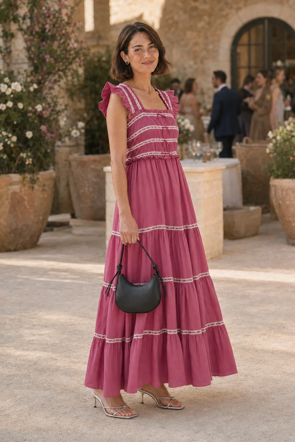 Sloane, an AI-generated adult model, wearing RIXO Chandra in Dusty Rose with coordinated wedding guest accessories
