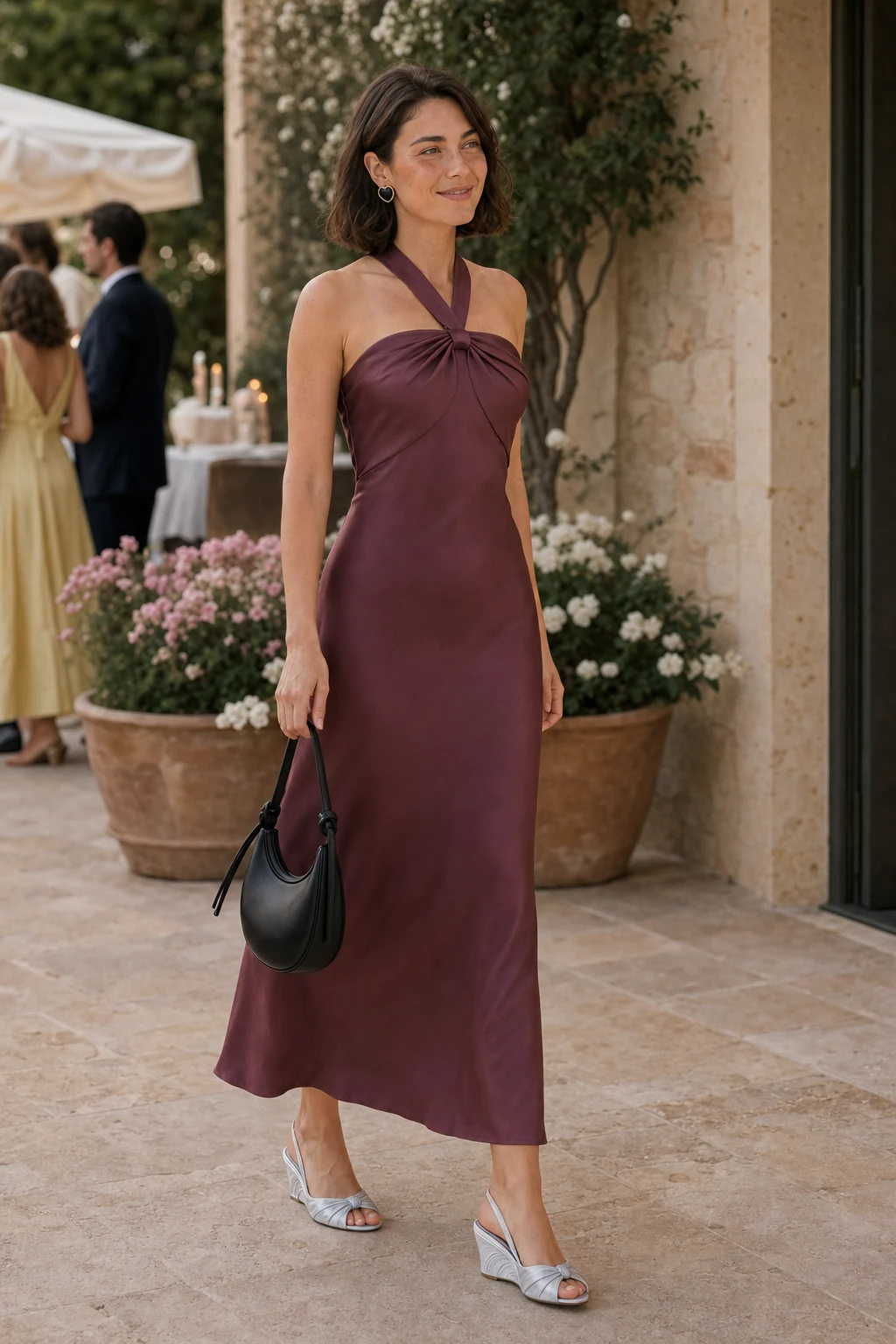 Sloane, an AI-generated adult model, wearing RIXO Losanna in Wine with coordinated wedding guest accessories