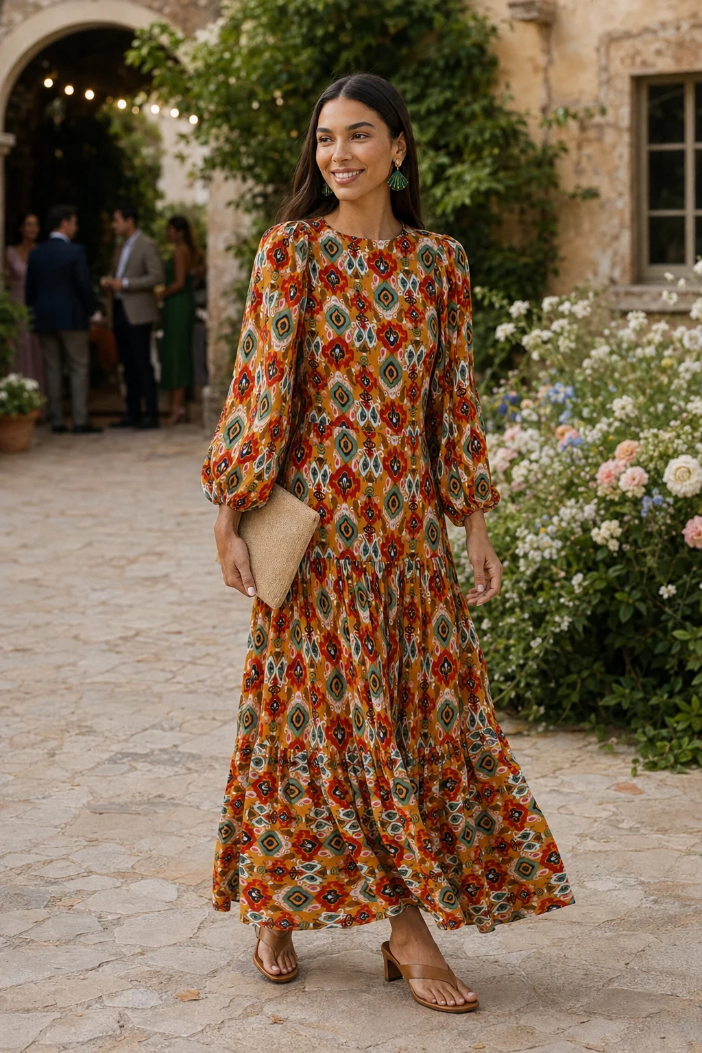 Maya, an AI-generated adult model, wearing KAOA Orange Floral Long-Sleeve Dress in Orange floral with coordinated wedding guest accessories