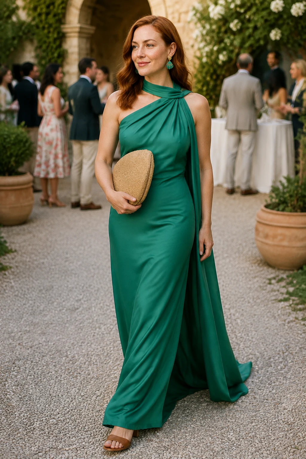 Adele, an AI-generated adult model, wearing KAOA Cape Maxi Dress in Green with coordinated wedding guest accessories