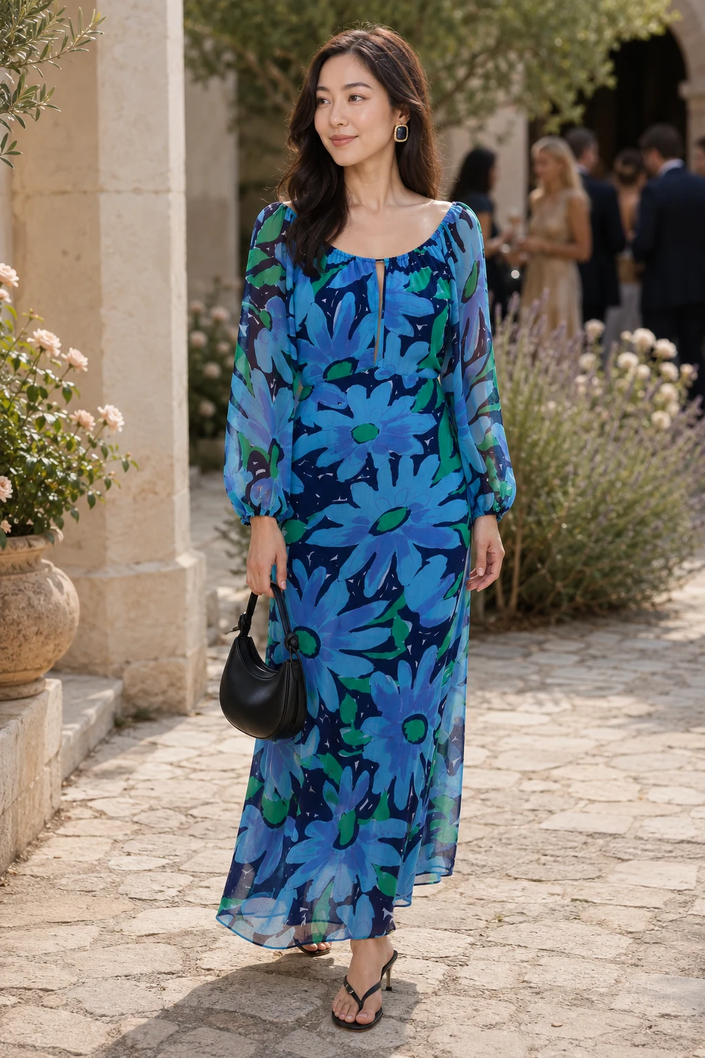 Hana, an AI-generated adult model, wearing RIXO Nikolette in Danish Floral Blue with coordinated wedding guest accessories