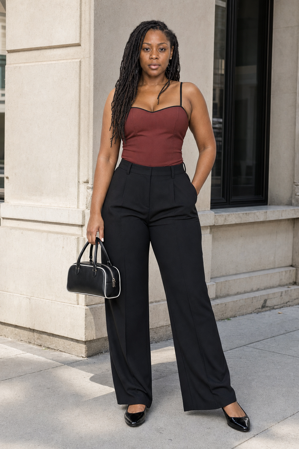 Noelle wearing a deep cool-red Reformation Melanie sweetheart top, black Aritzia Effortless curve-fit trousers, a black-and-white Claudia mini bag and black patent Tia flats