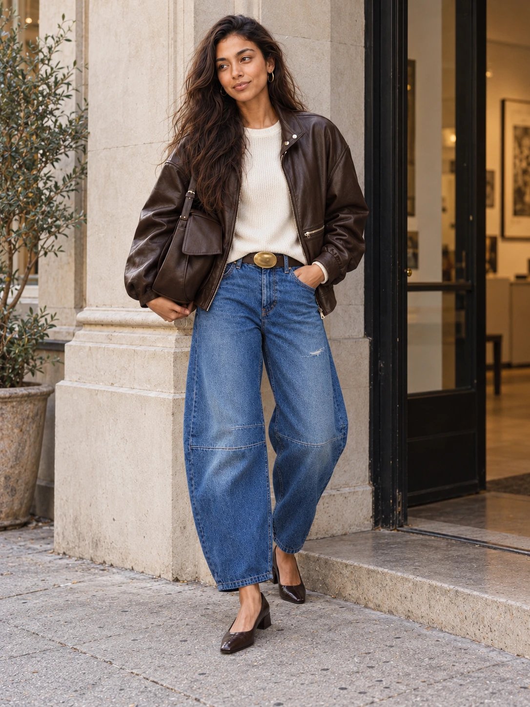 Lana wearing the same cocoa leather bomber, warm ivory thermal, blue barrel jeans and chocolate shoulder bag with Espresso Eel Inez low block-heel pumps and a sculptural gold-buckle belt