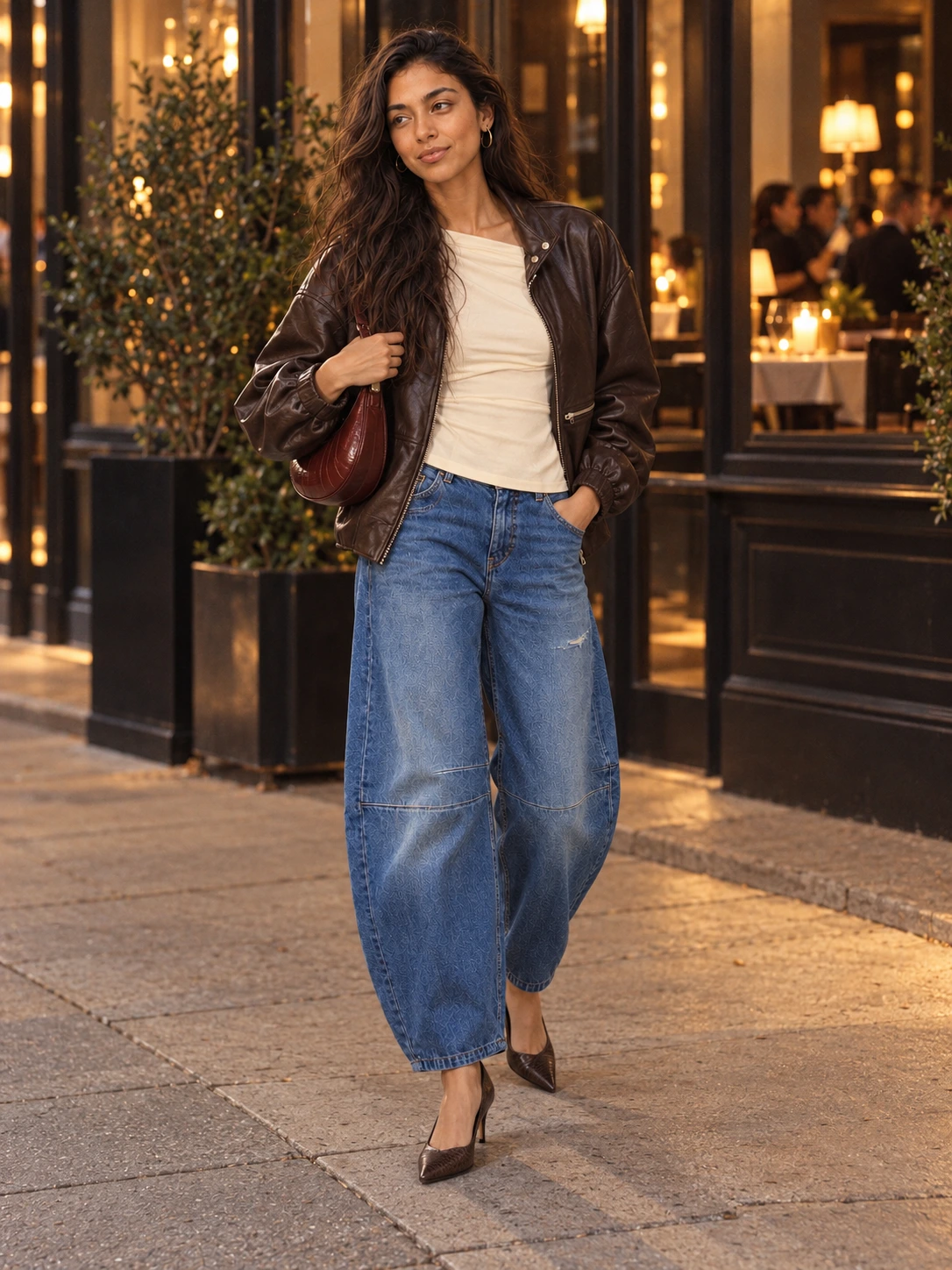 Lana wearing the cocoa leather bomber and blue barrel jeans with a warm ivory asymmetric draped Iris top, small oxblood Rosetta shoulder bag and Espresso Snake high pumps outside a restaurant