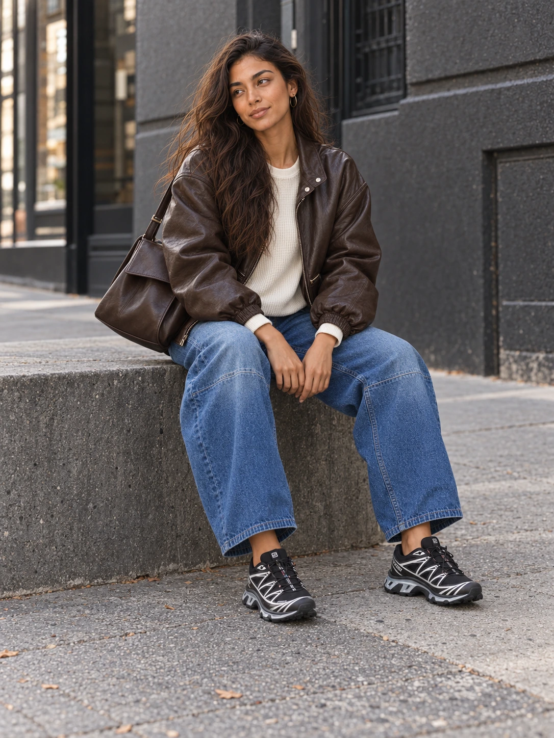 Lana sitting on a low concrete wall, showing the open cocoa leather bomber, Coconut Milk waffle thermal, roomy barrel jeans and black-and-silver trainers