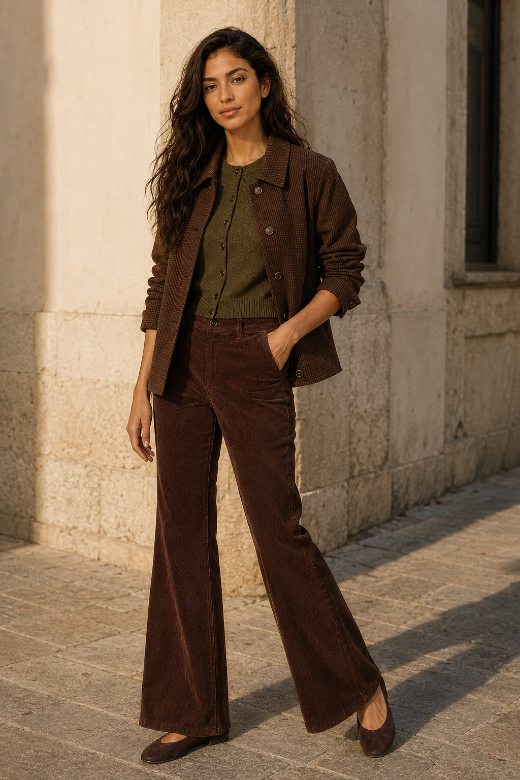 Full-body editorial photograph of Lana in a loden minitooth J.Crew barn jacket over a Mediterranean Olive cardigan with French Press corduroy flares and Coffee Bean suede ballet flats