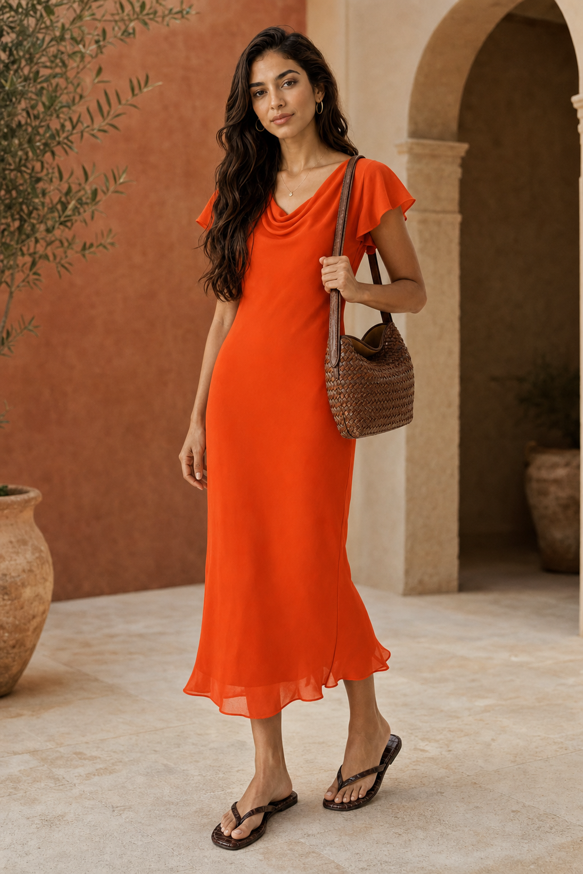 Full-body editorial photograph of Lana wearing the Reformation Crosby viscose-georgette midi dress in Paprika with a high soft cowl neckline and flutter sleeves, carrying the Madewell Signature woven shoulder bag in Mocha and wearing chocolate croc Reformation Amelia flat thongs
