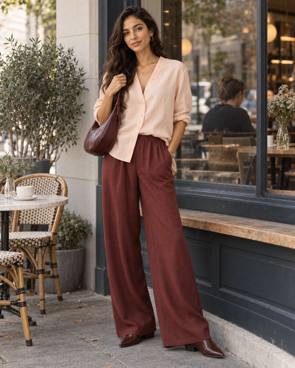 Lana in a soft peach COS V-neck button-detail linen shirt, warm wine Zara wide-leg trousers, an oxblood crescent shoulder bag and syrup pointed ankle boots